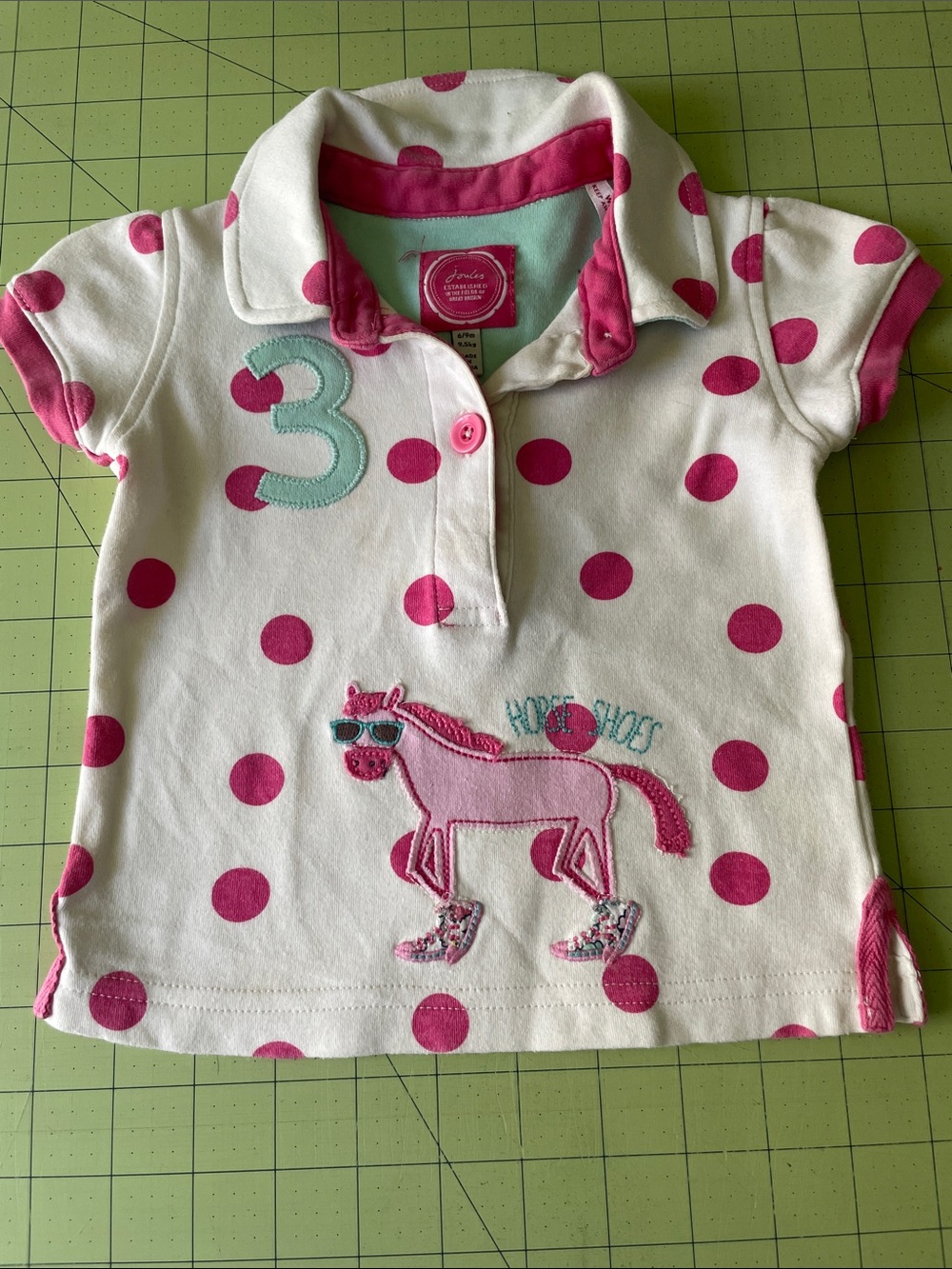 Joules cream Polo Top with Pink Polka Dots and Mint Applique